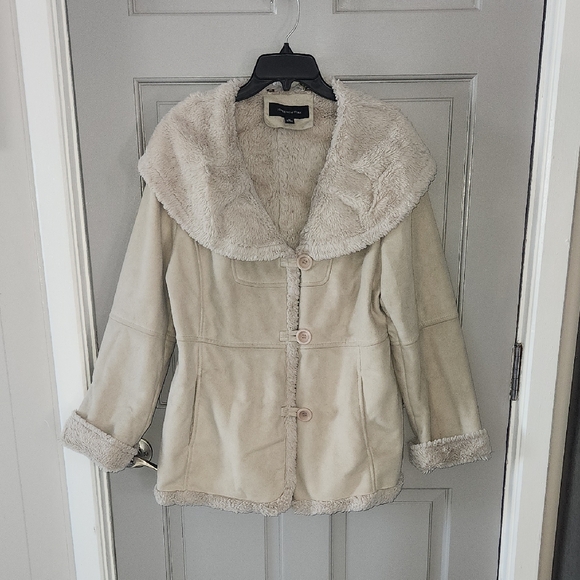 Jones New York Cream Faux Suede Teddy Jacket with Faux Fur Collar XL - Picture 1 of 10